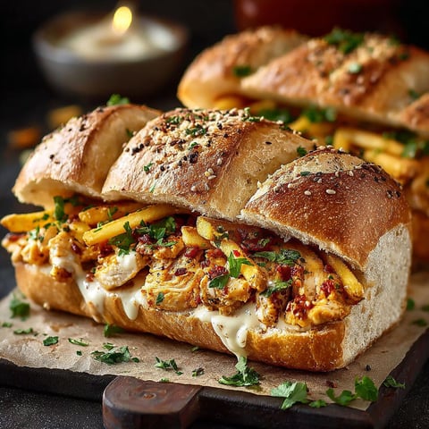 Un sandwich Poulet Frites Marocain est prêt à être mangé.