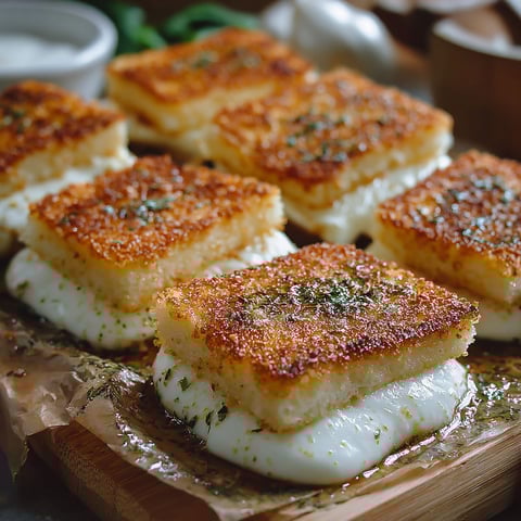 Une recette de Mozzarella en Carrozza est servie sur un plateau de bois.