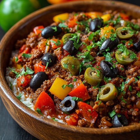 Un plat de picadillo cubain au bœuf avec des légumes colorés.