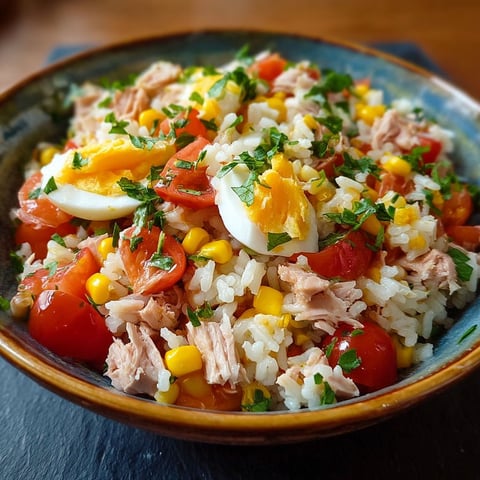 Un plat de riz et légumes avec des oeufs et des tomates.