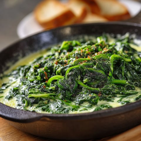 Une casserole d'épinards à la crème maison est servie sur un plateau avec des tranches de pain.