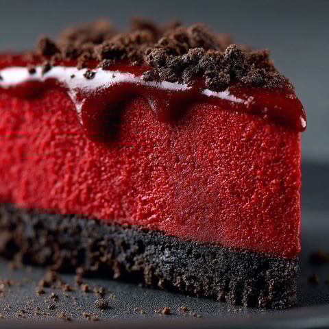 Une tranche de cheesecake rouge vampire sur un plateau noir.