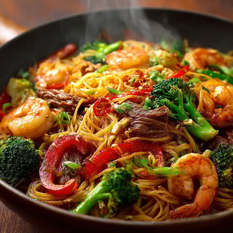 Un plat de nouilles huile pimentée cacahuète avec des légumes verts et des fruits de mer.