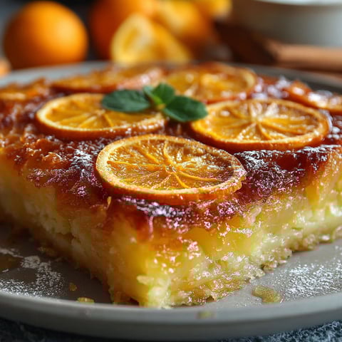Une portion de Gâteau Grec à l'Orange, avec des oranges et des herbes sur le dessert.