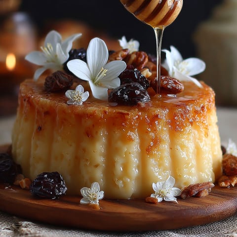 Un gâteau semoule traditionnel méditerranéen est décoré de fruits, graines et miel.