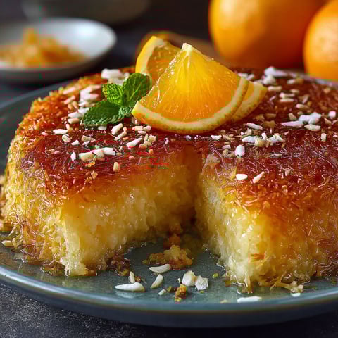Une portion de gâteau grec avec des oranges et des noix, accompagnée de coco.