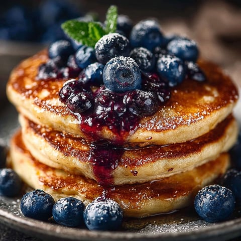 Pancakes protéinés aux myrtilles, garnis de myrtilles fraîches et de miel, présentés sur un plateau en grès.