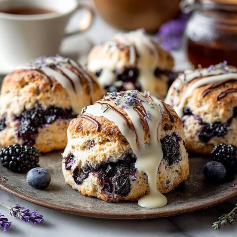 Scones aux mûres, lavande et chocolat blanc, avec des baies et des épinards sur le dessus.