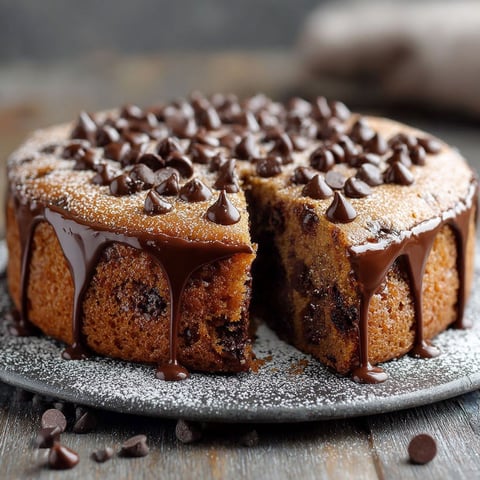 Un gâteau aux pépites de chocolat est présenté sur un plateau, avec une pâte sucrée et des pépites de chocolat.