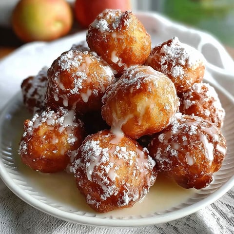 Beignets aux Pommes - Une assiette de beignets d'apples, saupoudrés de sucre et garnis de pommes, prêts à être mangés.
