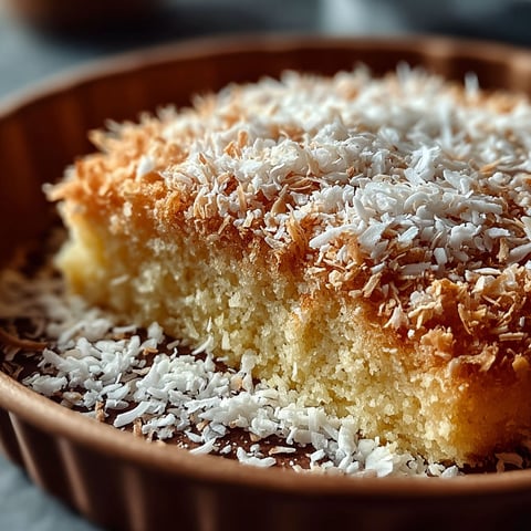 Une portion de gâteau à la noix de coco, avec une couche de coconut sur le dessert.
