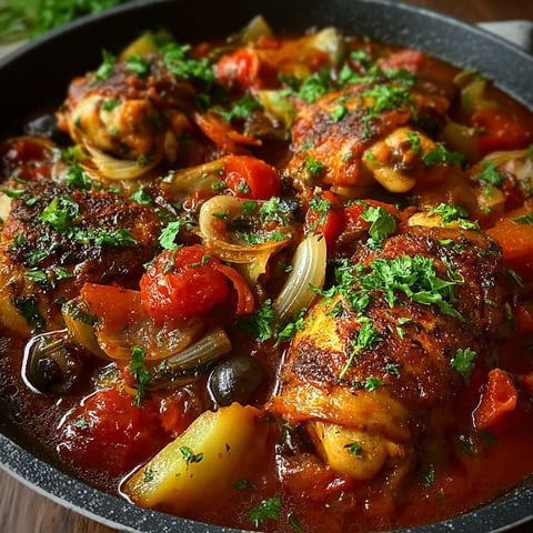 Un bouillon de poulet Cacciatore avec des légumes et des herbes.