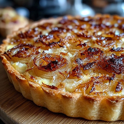 Une tarte à l'oignon Alsacienne chaude et croustillante sur un plateau de bois.