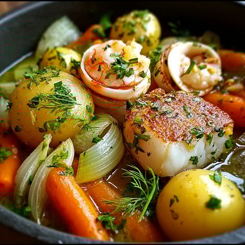 Un pot-au-feu de la mer est rempli de légumes et de fruits de mer, y compris des carottes, des oignons, des tomates, des poivrons, des courgettes, des asperges et des moules.