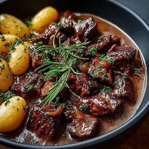 Une recette de carbonade flamande authentique, servie dans un bol noir, accompagnée de pommes de terre et de herbes fraîches.
