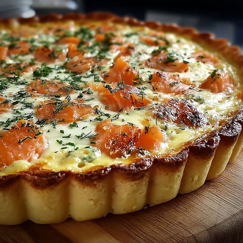 Une quiche au saumon et au boursin, prête à être servie, sur un plateau de bois.