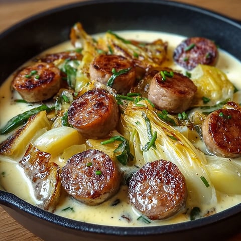 Une assiette de fondue d'endives aux saucisses fumées, avec des légumes et des saucisses fumées.