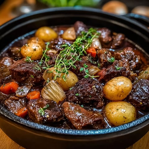 Un plat de Civet de Sanglier à la Bourguignonne est servie sur une table.