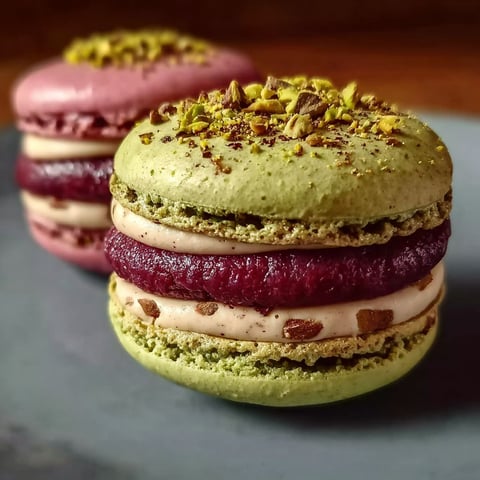 Des macarons rouges et verts avec des fruits et des pistaches.