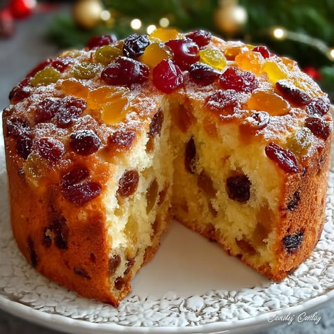 Une portion de gâteau de Noël aux fruits confits, avec des fruits confits sur le dessus et des raisins sur le dessous.