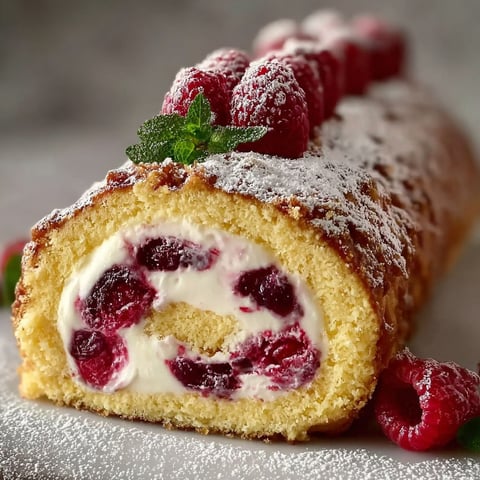 Une bûche au mascarpone et à la framboise, garnie de framboises fraîches, est servie sur un plateau.