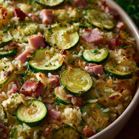Une recette de courgettes riz et jambon est servie dans un bol.