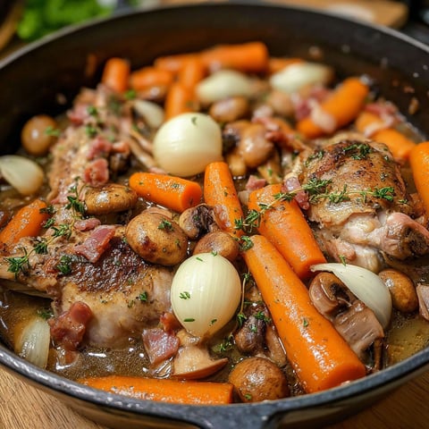 Lapin chasseur savoureux - Une casserole de poulet et de carottes, avec des champignons et des oignons, est servie dans un bol en fonte.