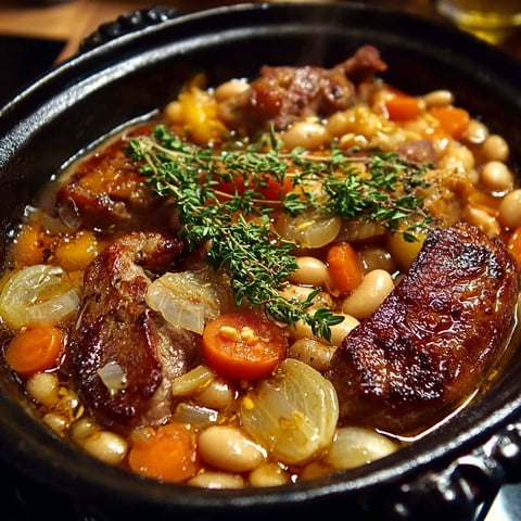 Cassoulet Castelnaudary, une recette traditionnelle de cuisine française, est servie dans un bol en terre.