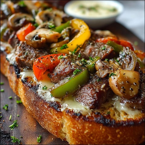 Une pâte de fromage Philly est servie sur une tranche de pain grillé, accompagnée de légumes et de sauce.