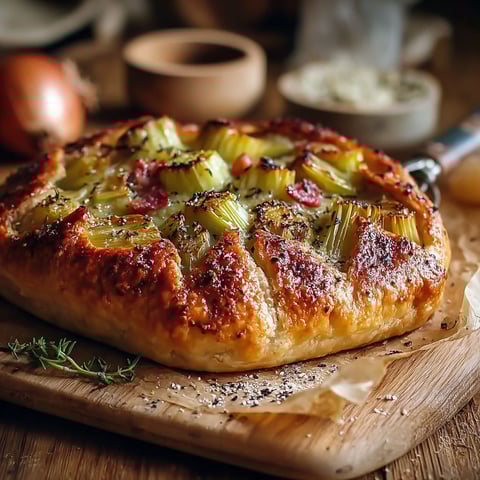 Une pâte de pizza facile avec des poireaux et du fromage.