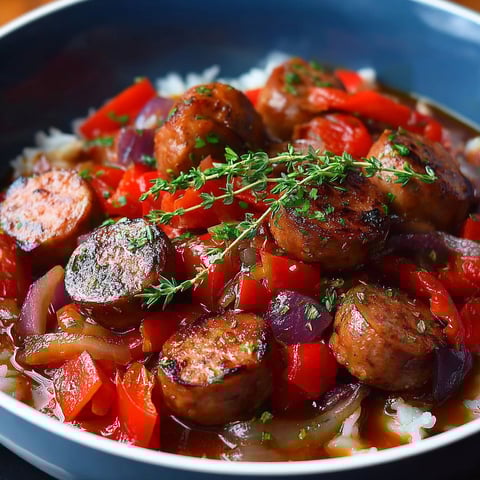 Une assiette de Saucisse Tomates Épicées, avec des épices et des herbes pour ajouter un goût unique à la recette.