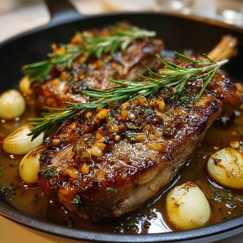 Une poêle contenant des côtes de porc sauce sucrée, avec des herbes et des épices.