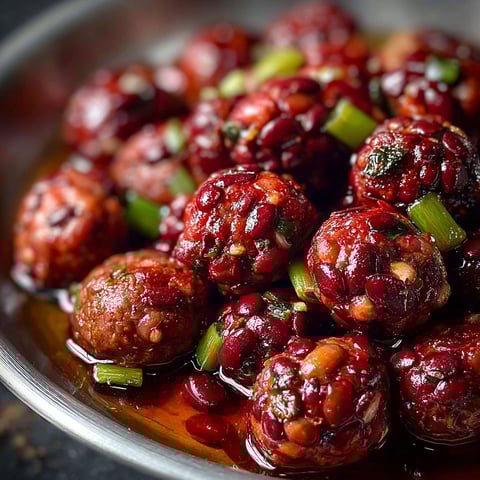 Boules de viande rouge avec des haricots rouges.