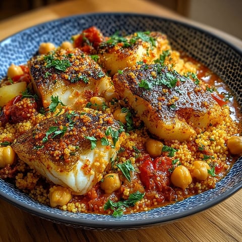 Un plat de couscous épicé avec des poissons et des pois chiches.