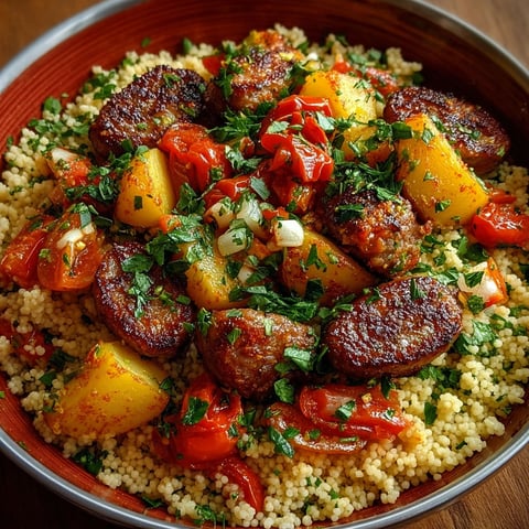 Une assiette de couscous au poisson épicé, remplie de légumes et de viande.