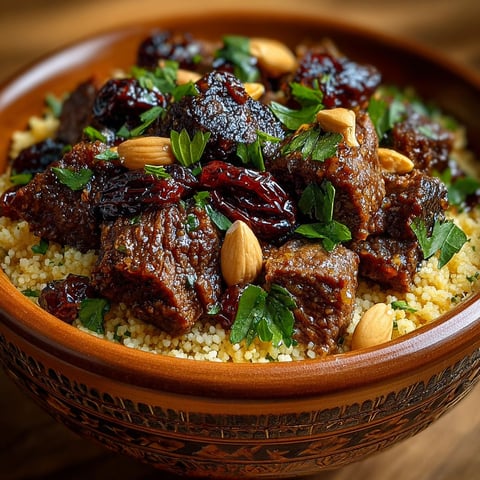 Une assiette de couscous sucré-salé au bœuf, pruneaux et amandes.