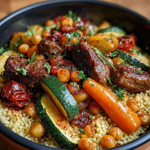 Une assiette de couscous avec des légumes grillés et des viandes.