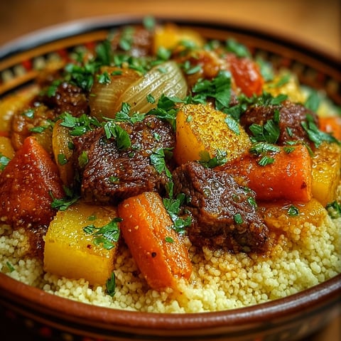 Une assiette de couscous au bœuf mijoté et légumes fondants, avec des légumes tels que des carottes et des oignons, est servie dans un bol coloré.