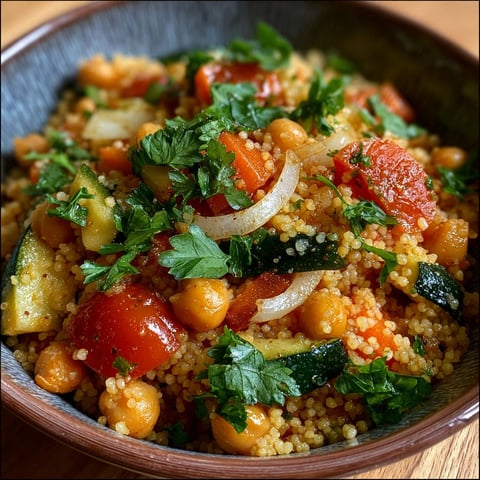 Une assiette de couscous végétarien aux légumes et pois chiches.