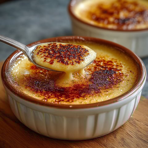 Une tarte de crème catalane est servie dans un bol en terre.