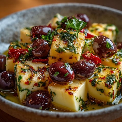 Un plat de queso marinado con aceitunas.