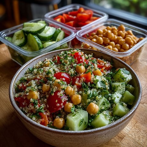 Une salade fraîche composée de quinoa, pois chiches et concombre.