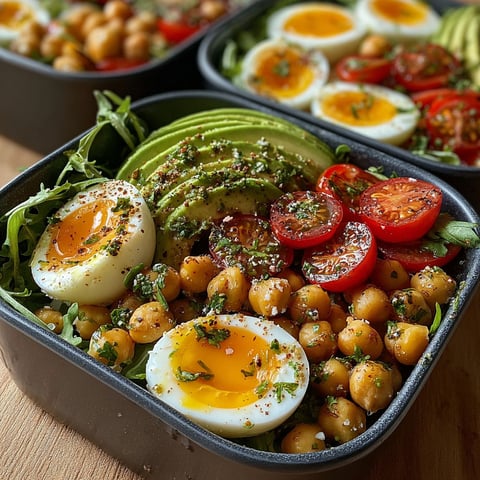 Une salade complète de pois chiches, avocat et œufs durs, prête à être mangée.