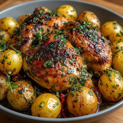 Une assiette de poulet rôti aux herbes et pommes de terre grenaille.