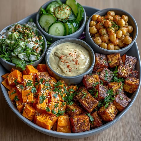 Un plat de Buddha contenant des légumes, des pois chiches et une sauce tahini.