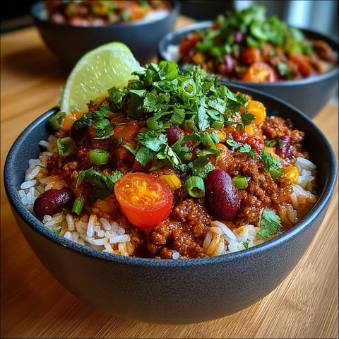 Une soupe chili con carne tex-mex au riz, avec des tomates, des épinards, des poivrons, des haricots verts et des épices, est servie dans un bol sur une table.
