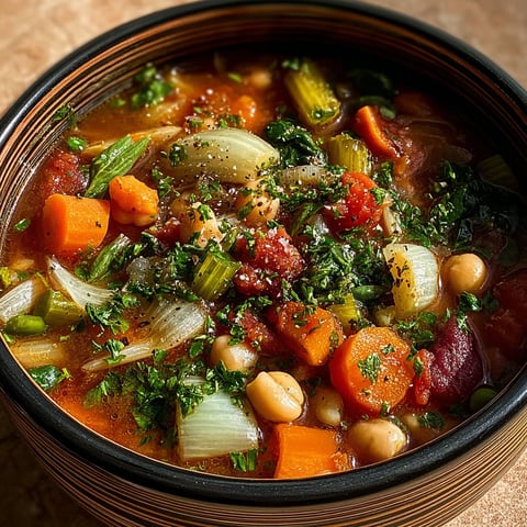Un bol de minestrone rustique avec des légumes et des haricots.