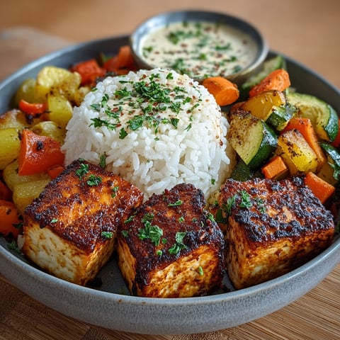 Bol tofu grillé, riz & légumes rôtis sauce herbes.