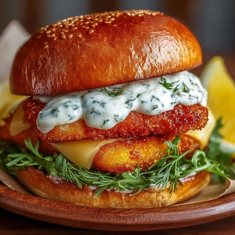 Un burger pané avec sauce aïoli maison et des légumes verts.