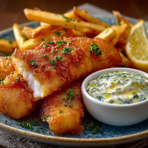 Une poisson frit croustillant accompagné de frites et d'une sauce aïoli maison.